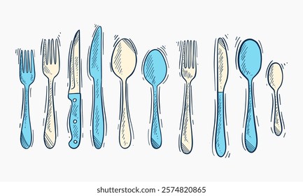 A hand drawn illustration set of various spoons, forks and knives in blue and cream colors.