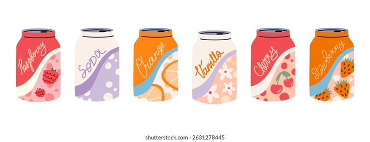 Conjunto de ilustração desenhado à mão de vários refrigerantes. Refrigerante em lata fria.