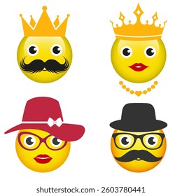 Hand drawn illustration set of yellow emoticons with golden crown, mustache and glasses on white background