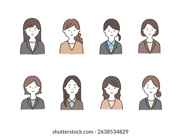 Hand drawn illustration set of a young woman's upper body