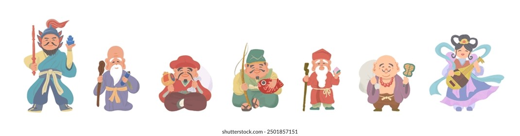 Hand drawn illustration of the Seven Gods of Good Fortune