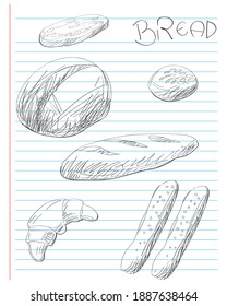 Hand drawn illustration of several bread assortments, doodles and handwritten text over an agenda page for a cookbook, bakery or menu