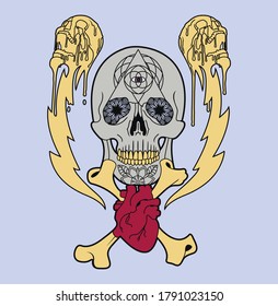 A hand drawn illustration of several skulls with a heart, bones and geometric patterns.