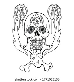 A hand drawn illustration of several skulls with a heart, bones and geometric patterns.