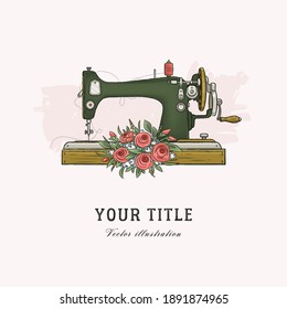 Hand drawn illustration of sewing machine and flowers