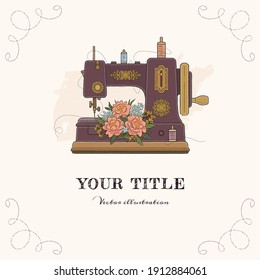 Handgezeichnete Illustration von Nähmaschinen und Blumen
