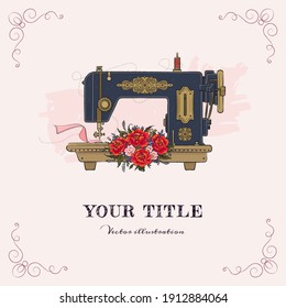 Hand drawn illustration of sewing machine and flowers