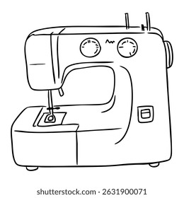 Hand drawn illustration of a sewing machine with simple line art on white background. Symbolizes craftsmanship, creativity and the art of handmade textile production