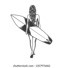Hand drawn illustration of sexy girl with surfing board. Surfing club logo. Vacation at sea story. Isolated on white background.
