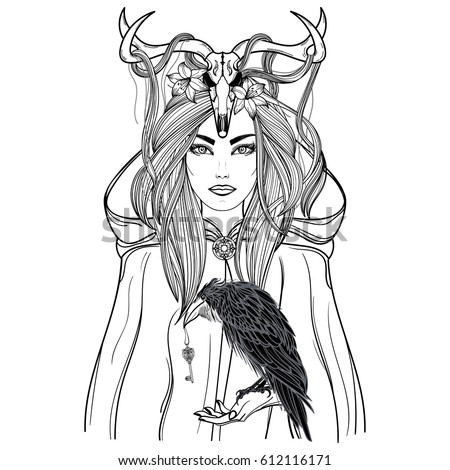 Hand drawn illustration of shaman woman in cloak with raven in hand and deer skull on the head. Alchemy, tattoo art, t-shirt design, adult coloring book page. Isolated vector on white background..