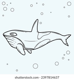 Hand drawn illustration of a shark with bubbles, in a simple line art style, isolated on a white background.