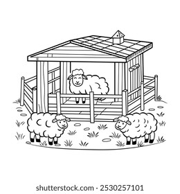 Hand drawn illustration of a sheep pen with sheep inside