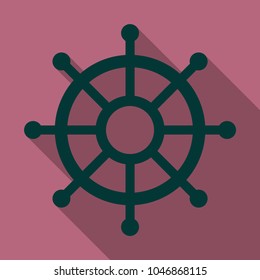 Hand drawn illustration of ship's wheel in line art style with engraved elements.