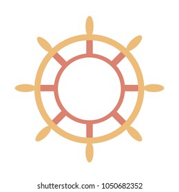Hand drawn illustration of ship's wheel in line art style with engraved elements.