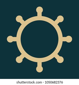 Hand drawn illustration of ship's wheel in line art style with engraved elements.