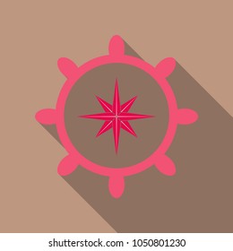 Hand drawn illustration of ship's wheel in line art style with engraved elements.