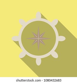 Hand drawn illustration of ship's wheel in line art style with engraved elements.