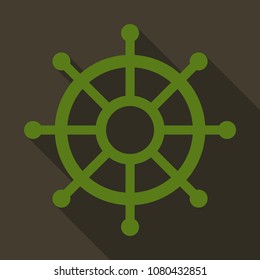 Hand drawn illustration of ship's wheel in line art style with engraved elements.