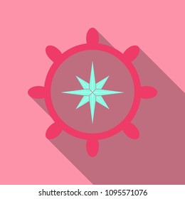 Hand drawn illustration of ship's wheel in line art style with engraved elements.