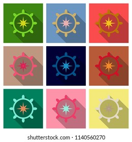Hand drawn illustration of ship's wheel in line art style with engraved elements.