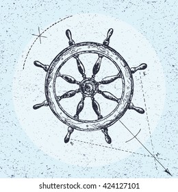 Hand drawn illustration of ship's wheel in line art style with engraved elements. Tattoo isolated on vintage background.