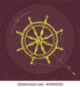 Hand drawn illustration of ship's wheel in line art style with engraved elements. Tattoo sketch isolated on vintage background for web, print, brochure.