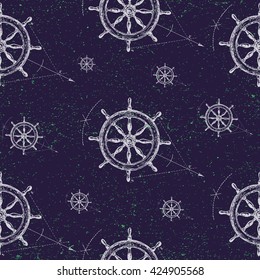 Hand drawn illustration of ship's wheel in line art style with engraved elements. Drawing isolated on vintage background for web, print, brochure. Seamless pattern