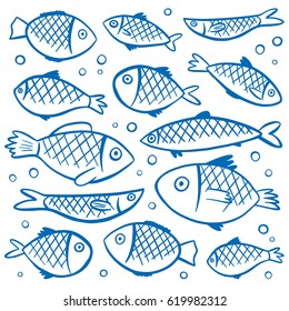 Hand Drawn Illustration a shoals of fish in the water. Blue on white background