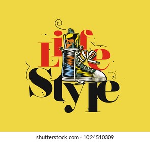 Hand drawn illustration of shoes, lifestyle text, tshirt print, vector illustration