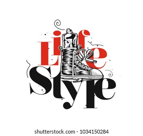 Hand drawn illustration of shoes and sipper, text, vector illustration