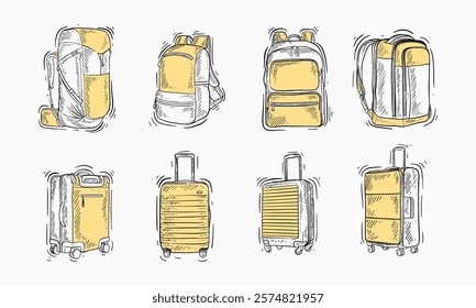 A hand drawn illustration showcasing various types of bags ideal for travel including backpacks and rolling suitcases.