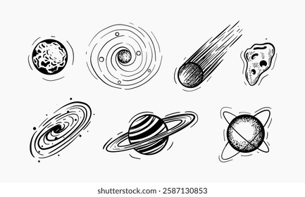 A hand drawn illustration showcasing various celestial bodies including planets, galaxies, a comet, and an asteroid.