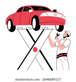 Uma ilustração desenhada à mão mostrando um mecânico de carro 
