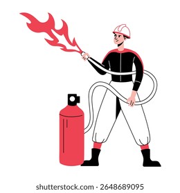 A hand drawn illustration showing a firefighter 
