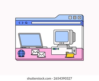 Ilustração desenhada à mão mostrando um laptop moderno e um computador de mesa vintage dentro de uma janela de navegador da Web, rodeado por ícones como envelopes de e-mail, um globo e pasta para evolução tecnológica visual