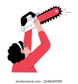 Uma ilustração desenhada à mão mostrando uma pessoa usando uma máquina de motosserra 
