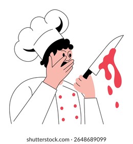 A hand drawn illustration showing a person holding bloody knife 
