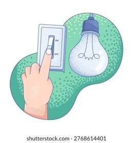 hand drawn illustration showing a hand pressing the switch on the wall to the off position, to turn off the lights, symbolizing energy savings