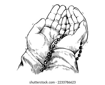 A hand drawn illustration showing the hand and rosary details of a praying muslim with open hands. Charcoal drawing technique or engraving.