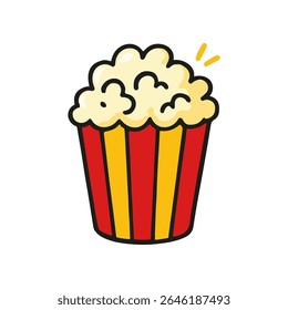A hand drawn illustration shows a bucket of fluffy, yellow popcorn with red and yellow stripes on its container