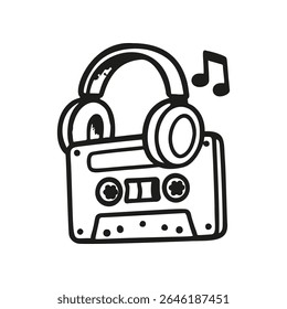 Hand drawn illustration shows a music cassette tape with headphones on top of it and a music note next to it. Black and white vector art in doodle style