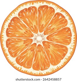The hand - drawn illustration shows an orange cross - section, with distinct warm - orange pulp textures, and a minimalist grey background highlighting vibrant energy and freshness.