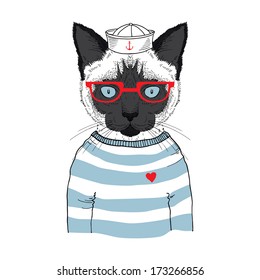 Hand drawn illustration of siamese cat sailor isolated on white