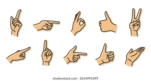 Hand drawn illustration of hand signs and gestures. Line width editable.