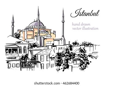 Hand drawn illustration with a silhouette of Hagia Sophia in Istanbul, Turkey. Black ink sketch of famous turkish landmark with orange and grey color and place for text. Isolated on white background.