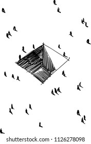 hand drawn illustration simple abstract rectangular hole in the ground with many people around