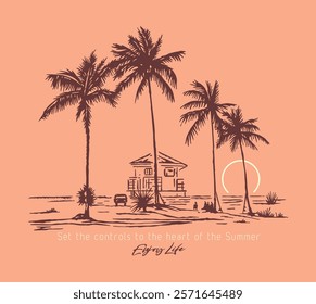 Hand drawn illustration of a simple coastal landscape representing the essence of late afternoon.