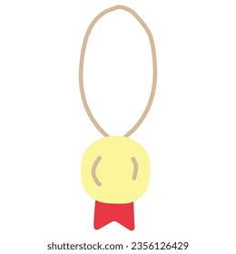 Hand drawn illustration of a simple deformed gold medal hanging from the neck.