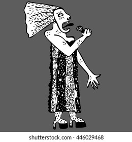 Hand drawn illustration  singer woman on background. Black and white.
