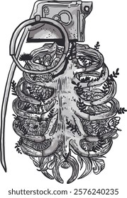 hand drawn illustration of a skeleton hand grenade with flowers black and white sketch vector isolated